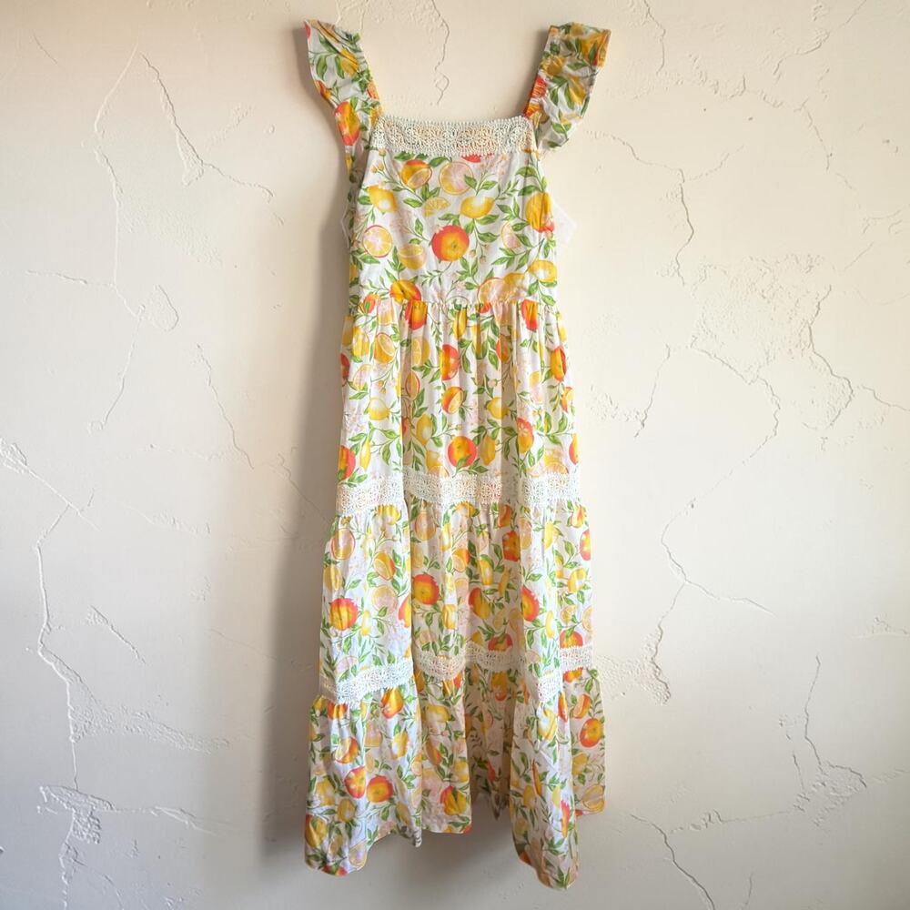 Rachel Zoe Fruit Print Tiered Maxi Dress Size 4 Cotton Lace Trim NWT